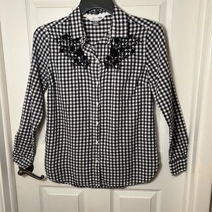 Old Navy, size medium black and white checkers shirt with flowered embroidery.